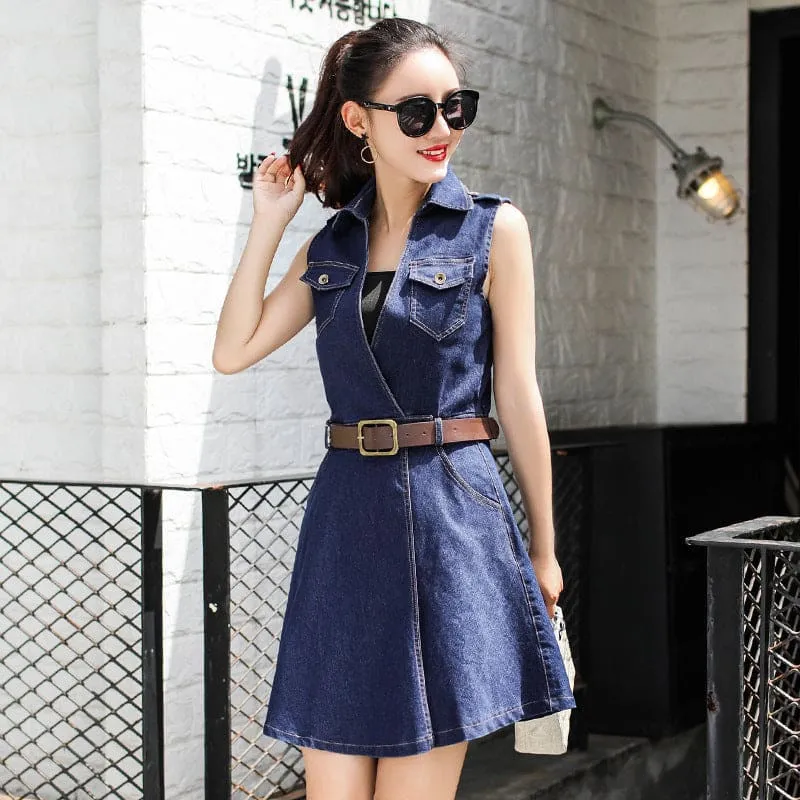 A-Line Side Pocket Lapel Collar Belted Denim Dress