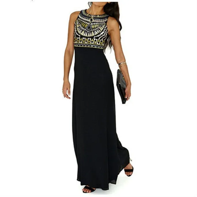 Beautiful Geometry Print Sleeveless Black Chiffon Long Dress