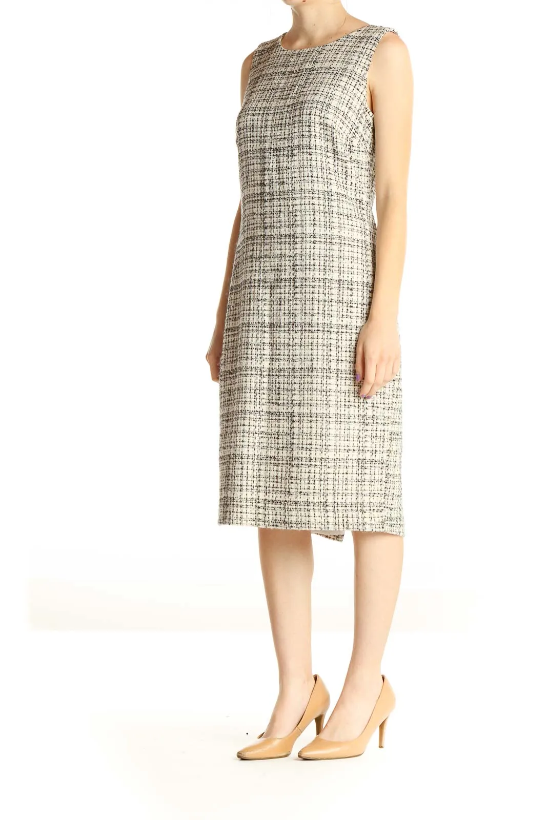 Beige Textured Classic Sheath Dress