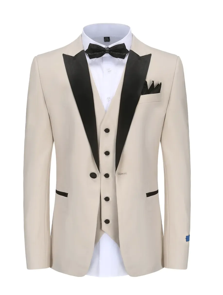 Beige Tuxedo Slim-Fit Black Satin Peak Lapel TX-500