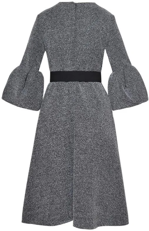 Bell-Sleeved Belted Midi Dress