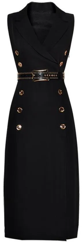 Belted Double-Breasted Midi Vest-Dress, Black