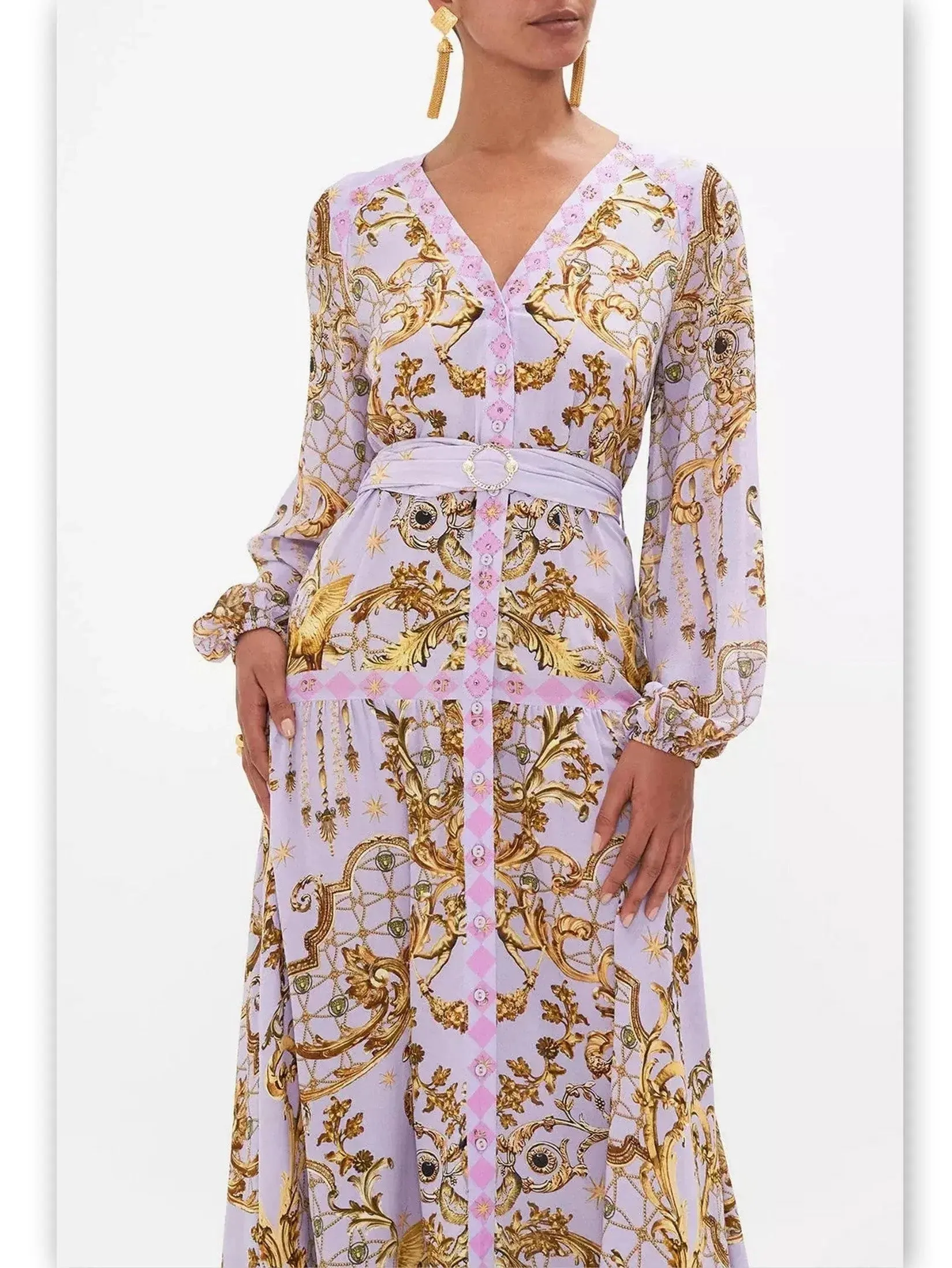 Belted Lavender Silk V-neck Printed Dress