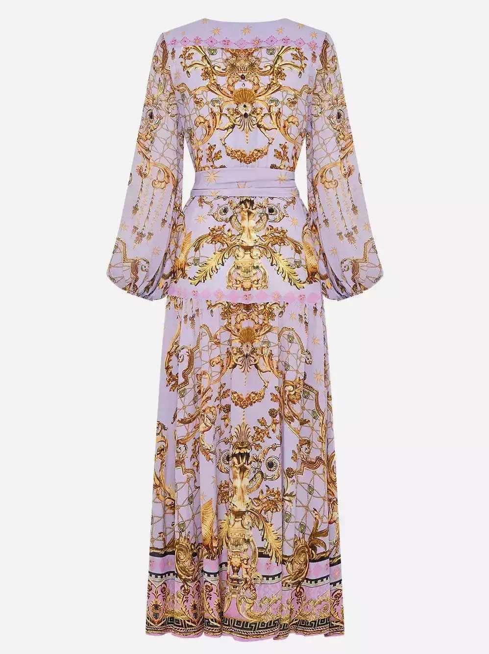 Belted Lavender Silk V-neck Printed Dress