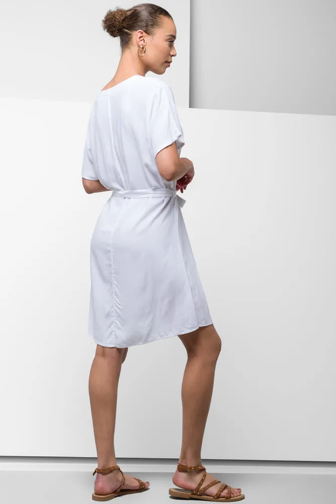 Belted V-Neck Dress White