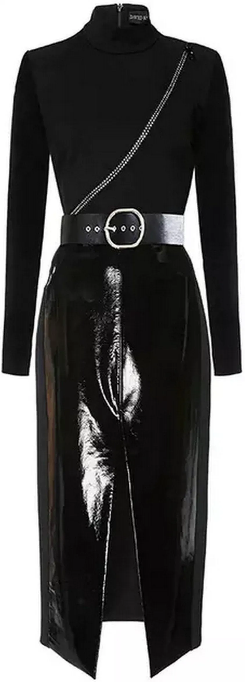 Black Belted Turtle-Neck Faux-Leather Midi Dress