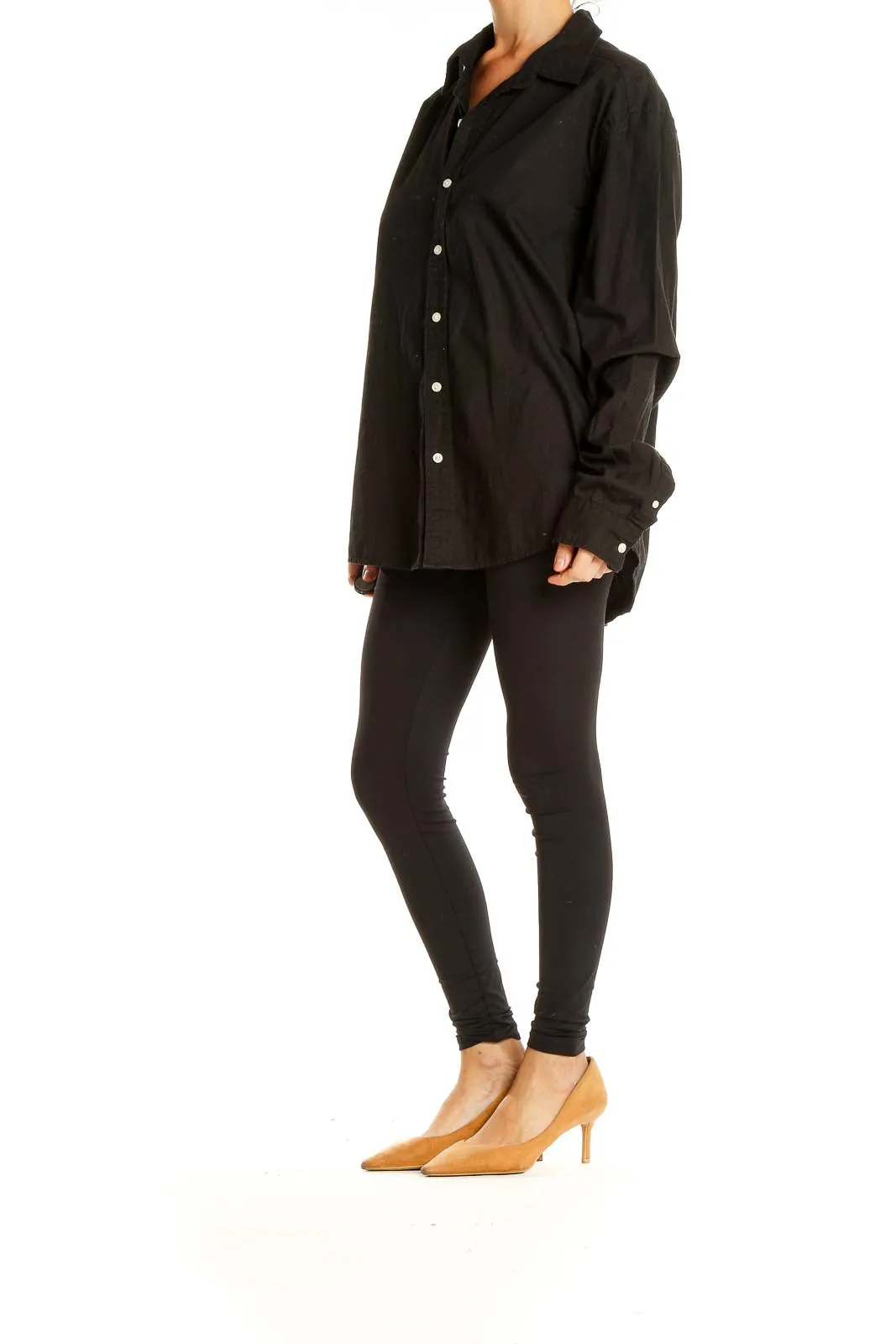 Black Oversized Casual Button Up Top