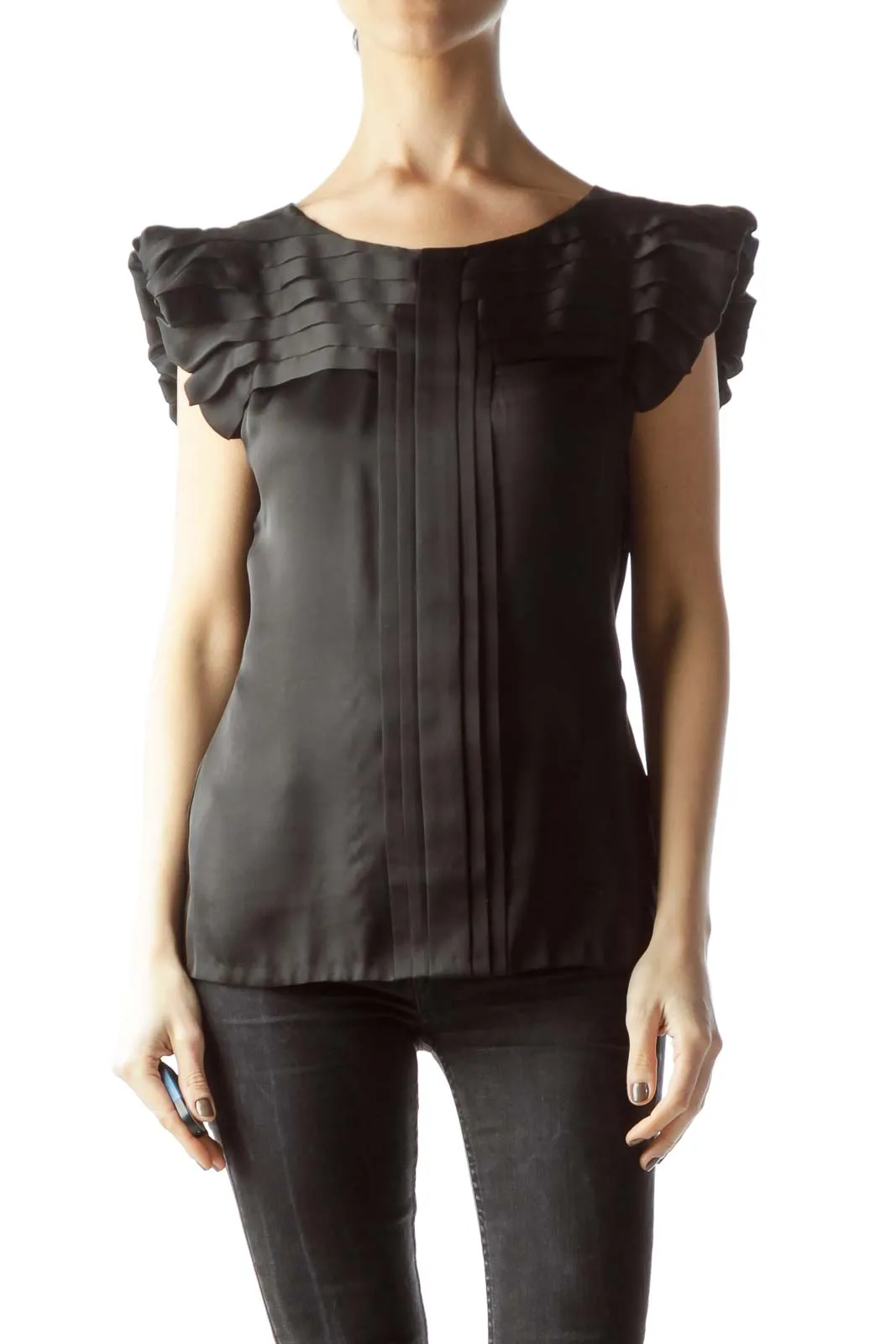 Black Pleated Neckline and Sleeves Blouse