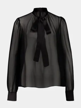 Black Silk Chiffon Long-Sleeved Blouse