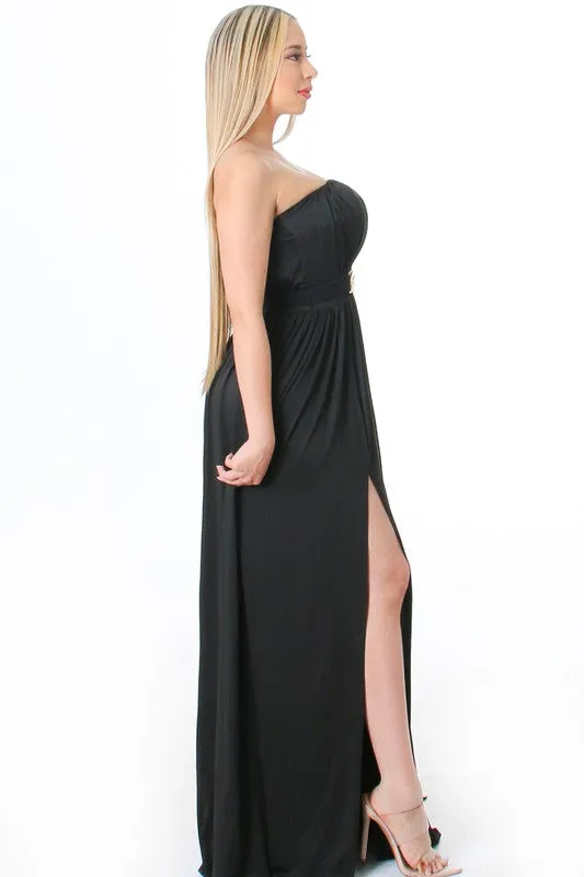 Black Solid Pattern Strapless Tube Maxi Dress With Belted And Slit.