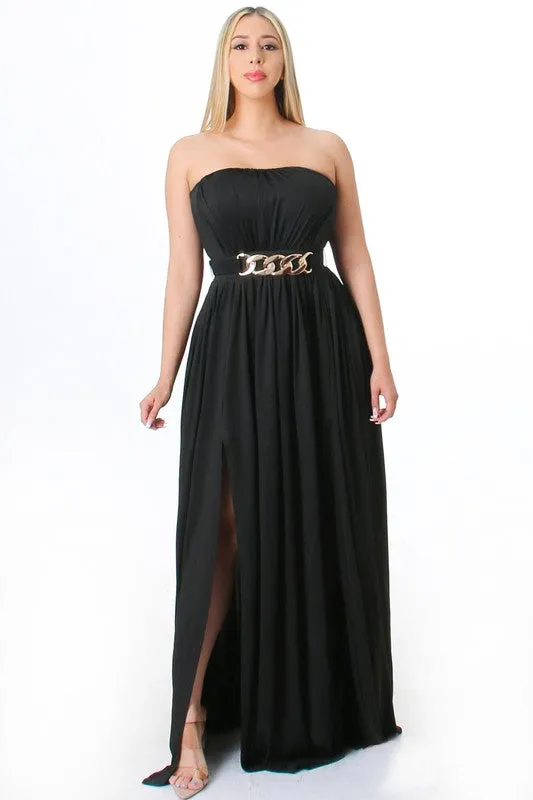 Black Solid Pattern Strapless Tube Maxi Dress With Belted And Slit.