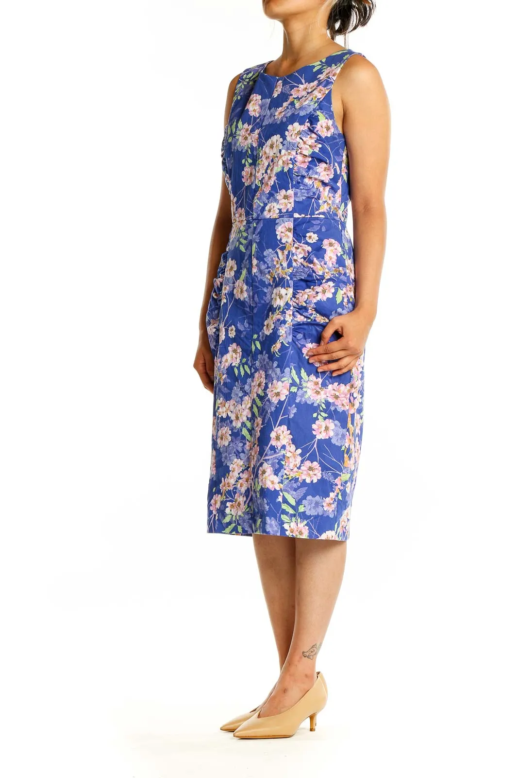 Blue Floral Cotton Blend Sheath Dress