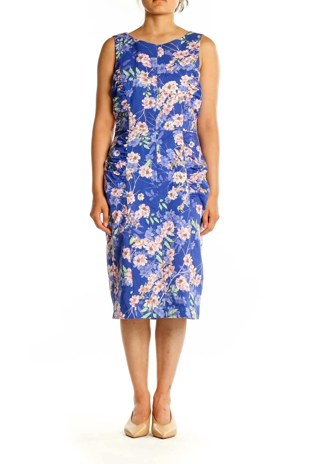 Blue Floral Cotton Blend Sheath Dress