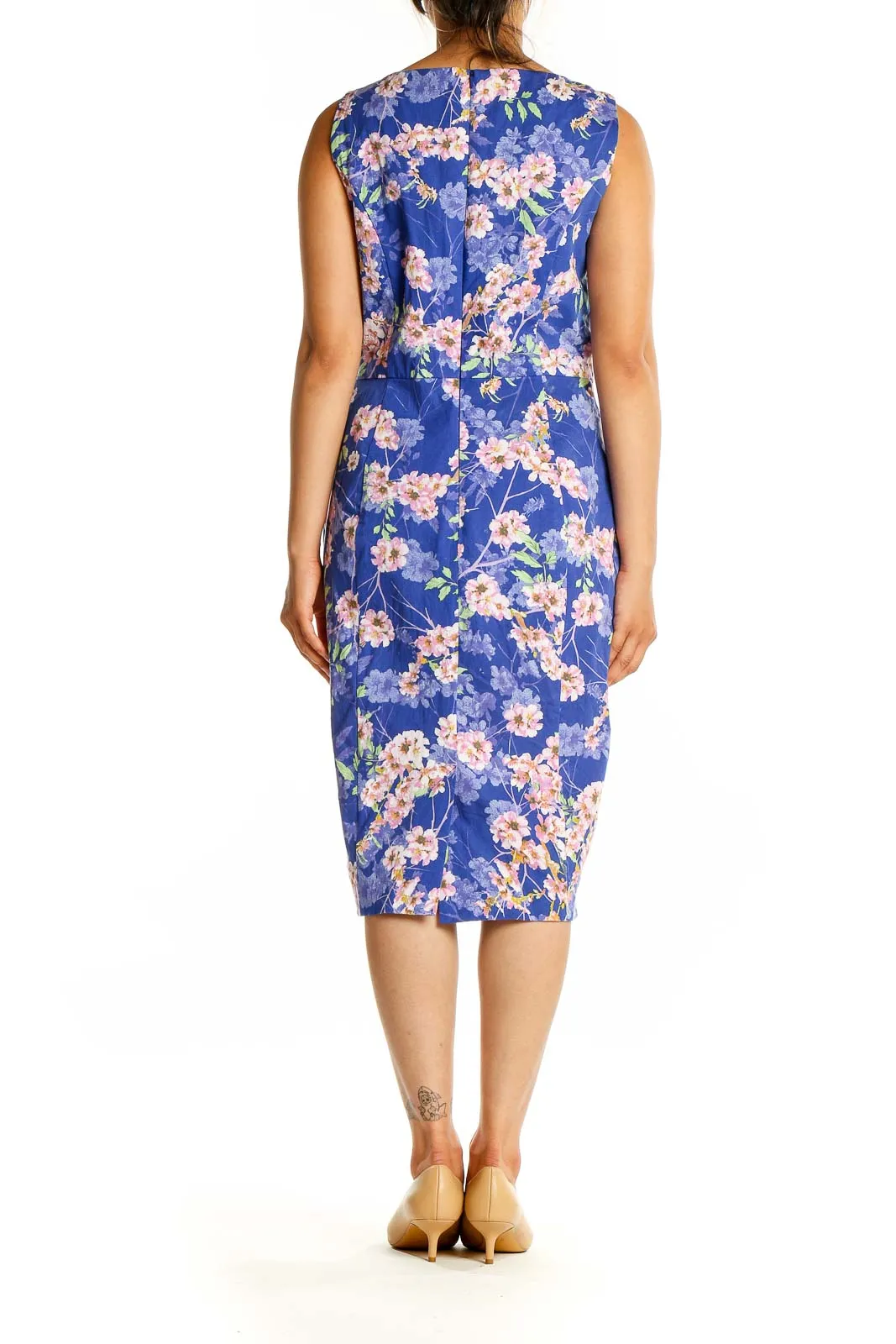 Blue Floral Cotton Blend Sheath Dress