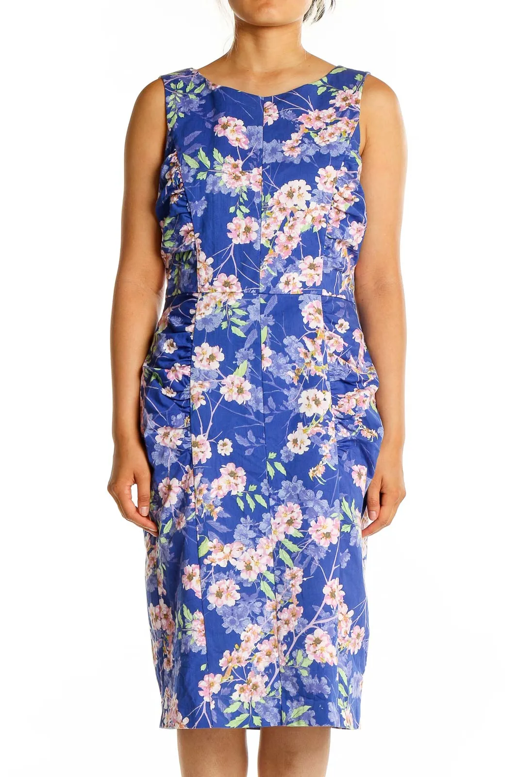 Blue Floral Cotton Blend Sheath Dress