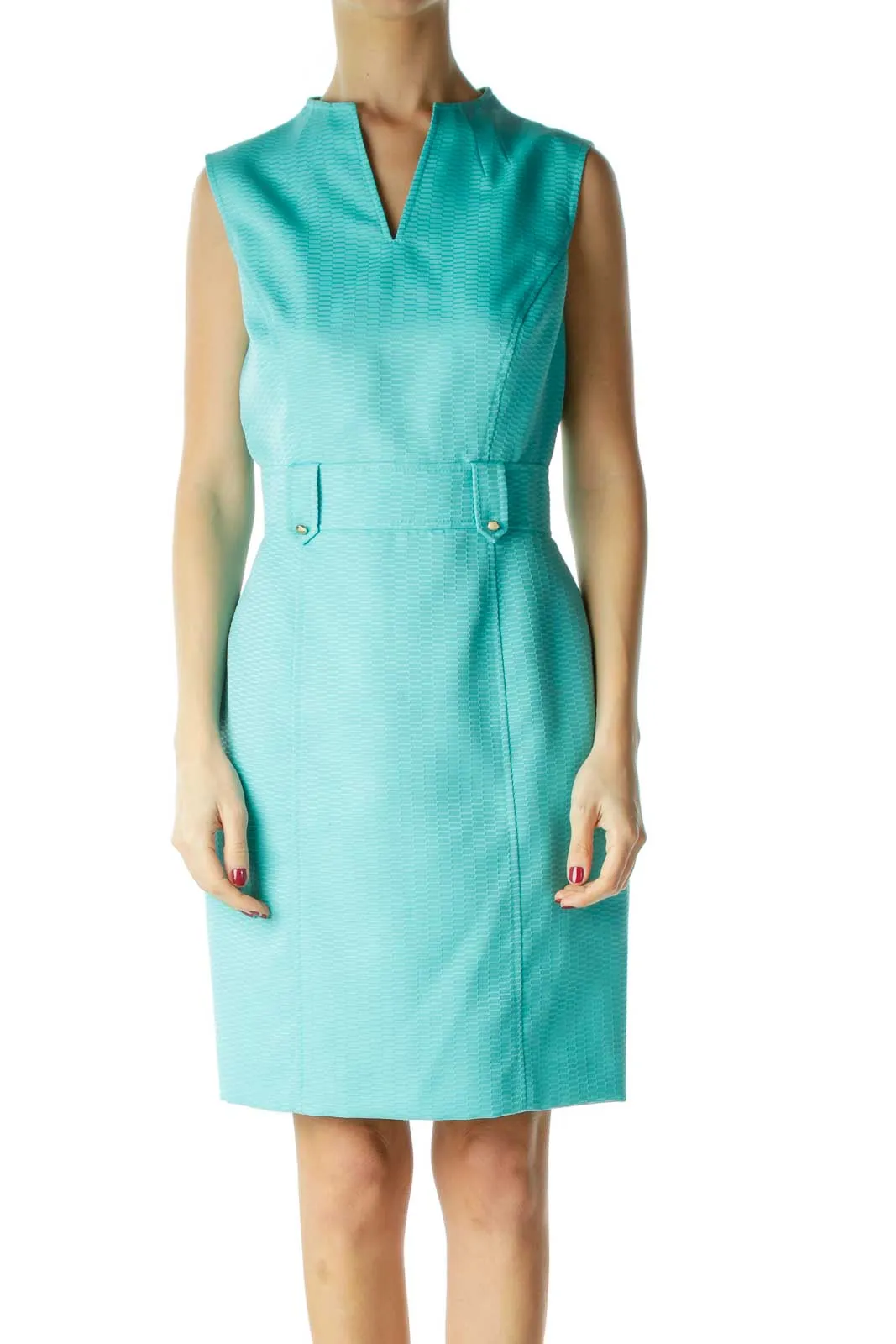 Blue V-Neck Belted Work Dress