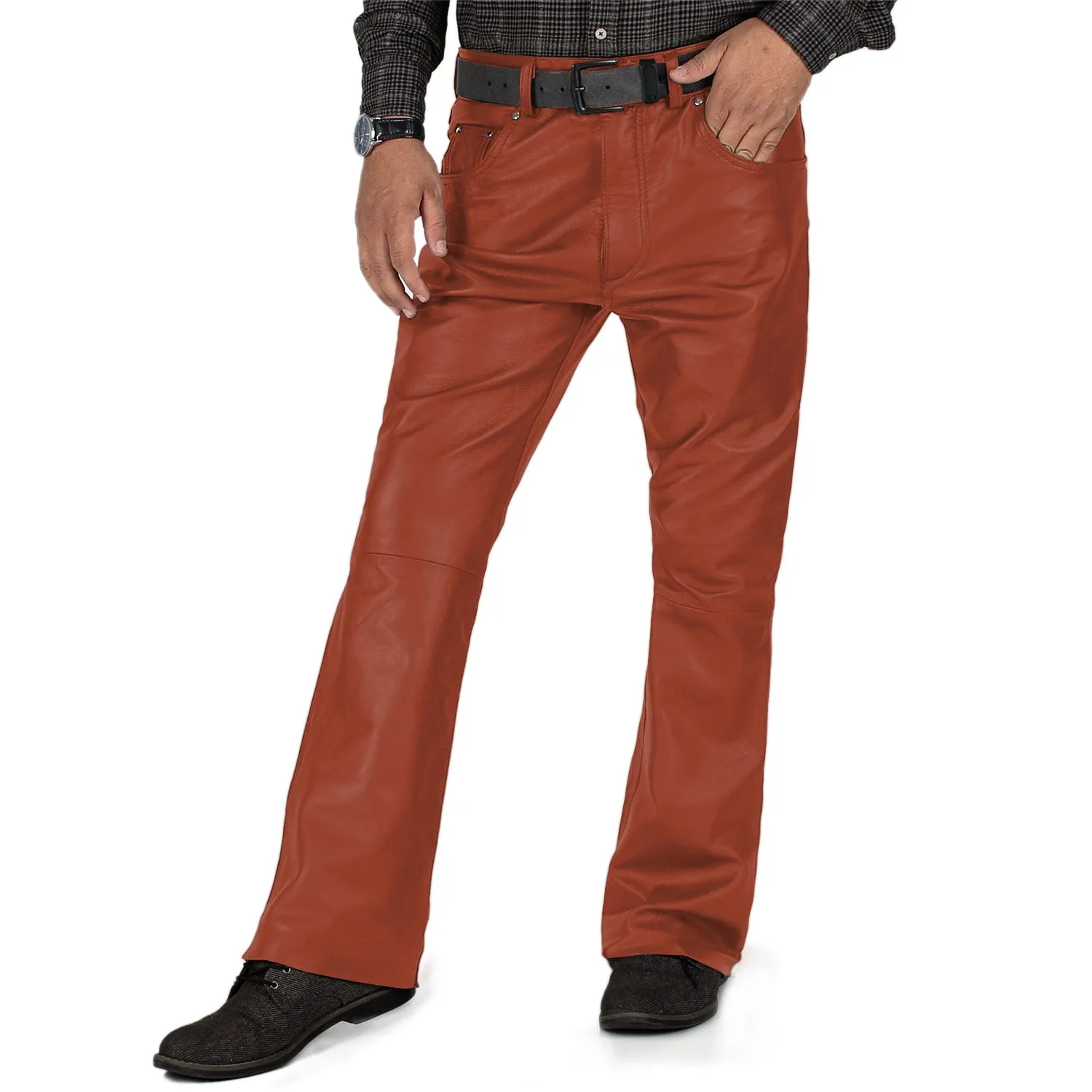 Brivon Men's Tan Slim Fit Leather Pants