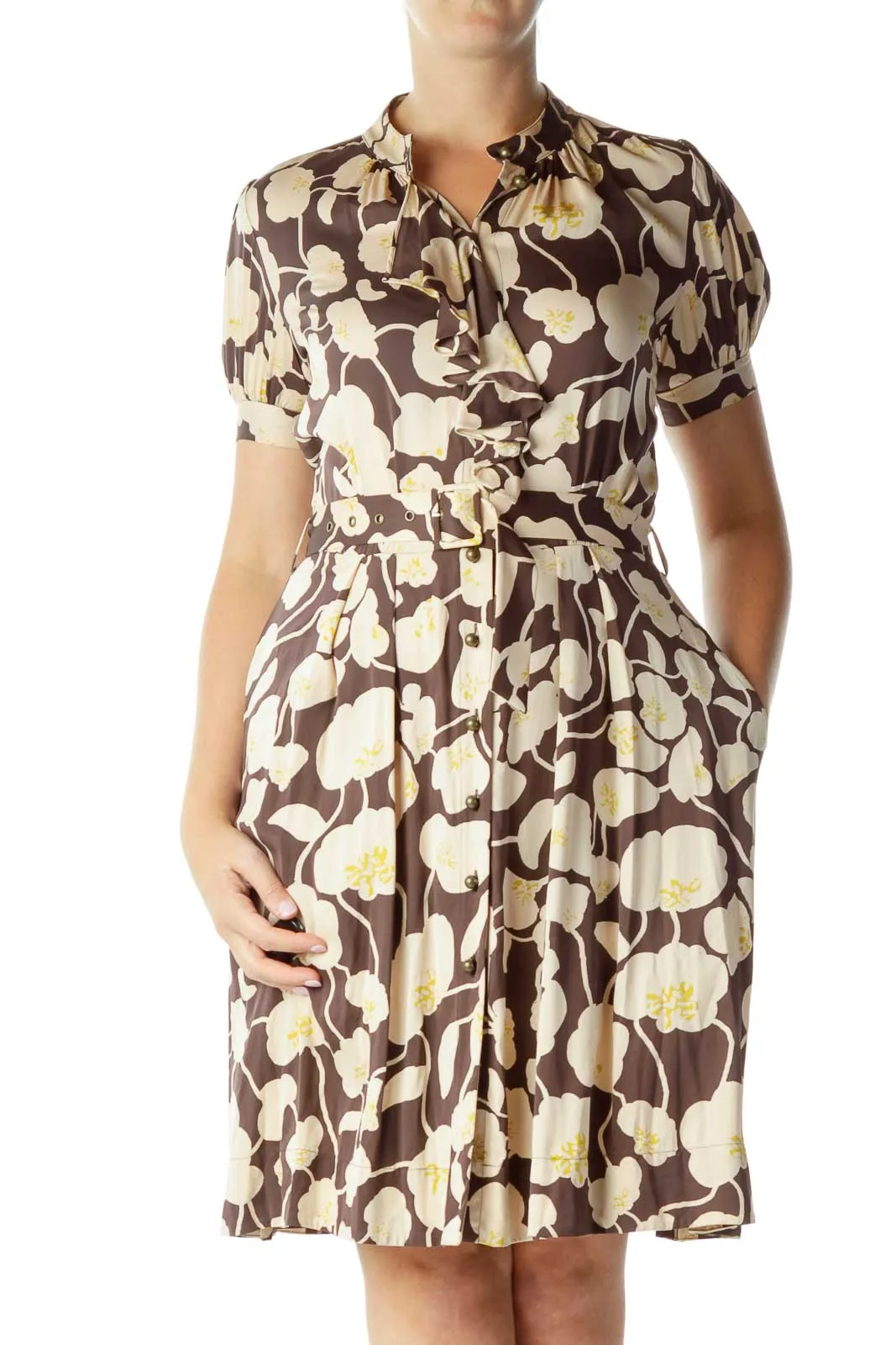 Brown Beige Flower Print Belted Dress