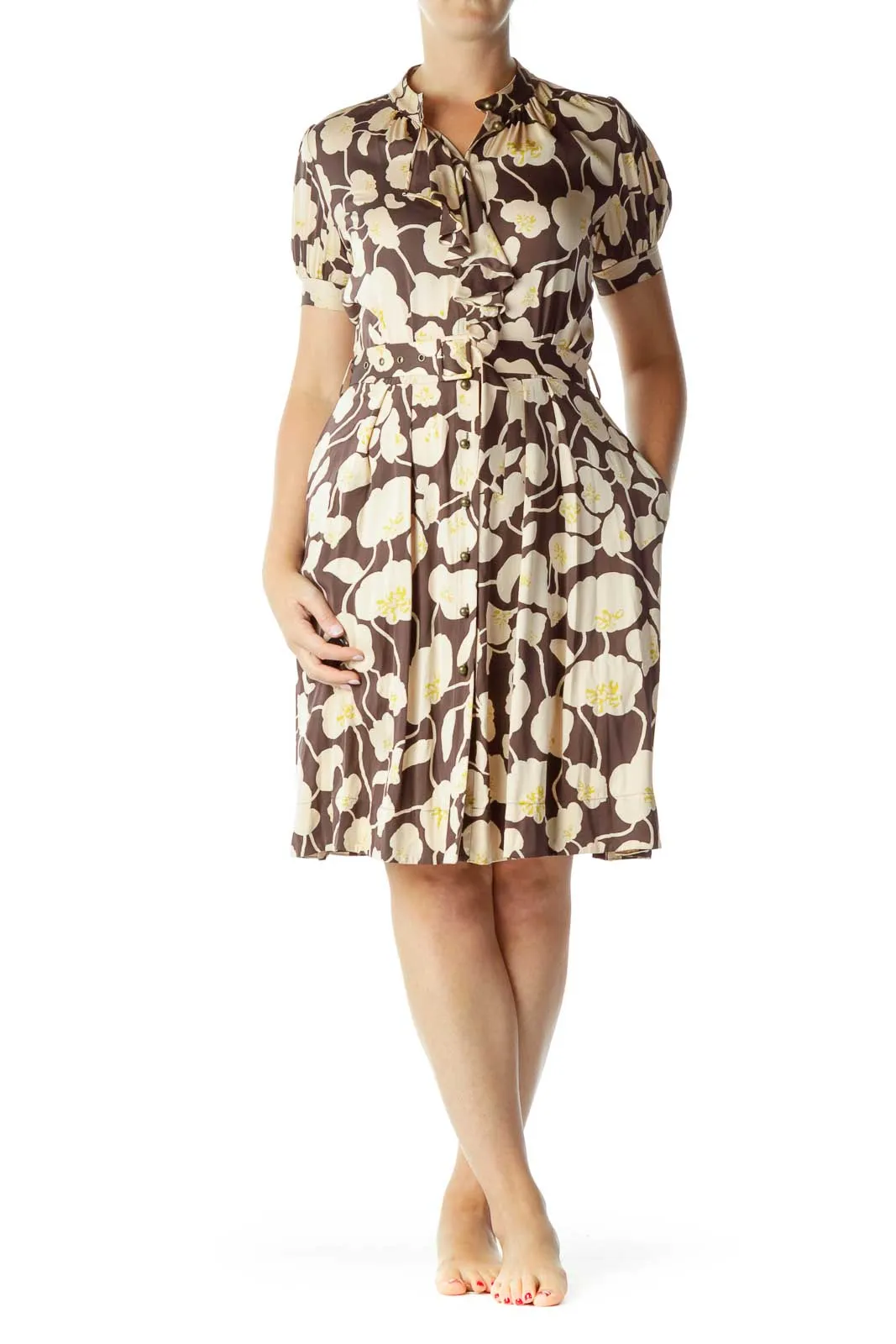 Brown Beige Flower Print Belted Dress