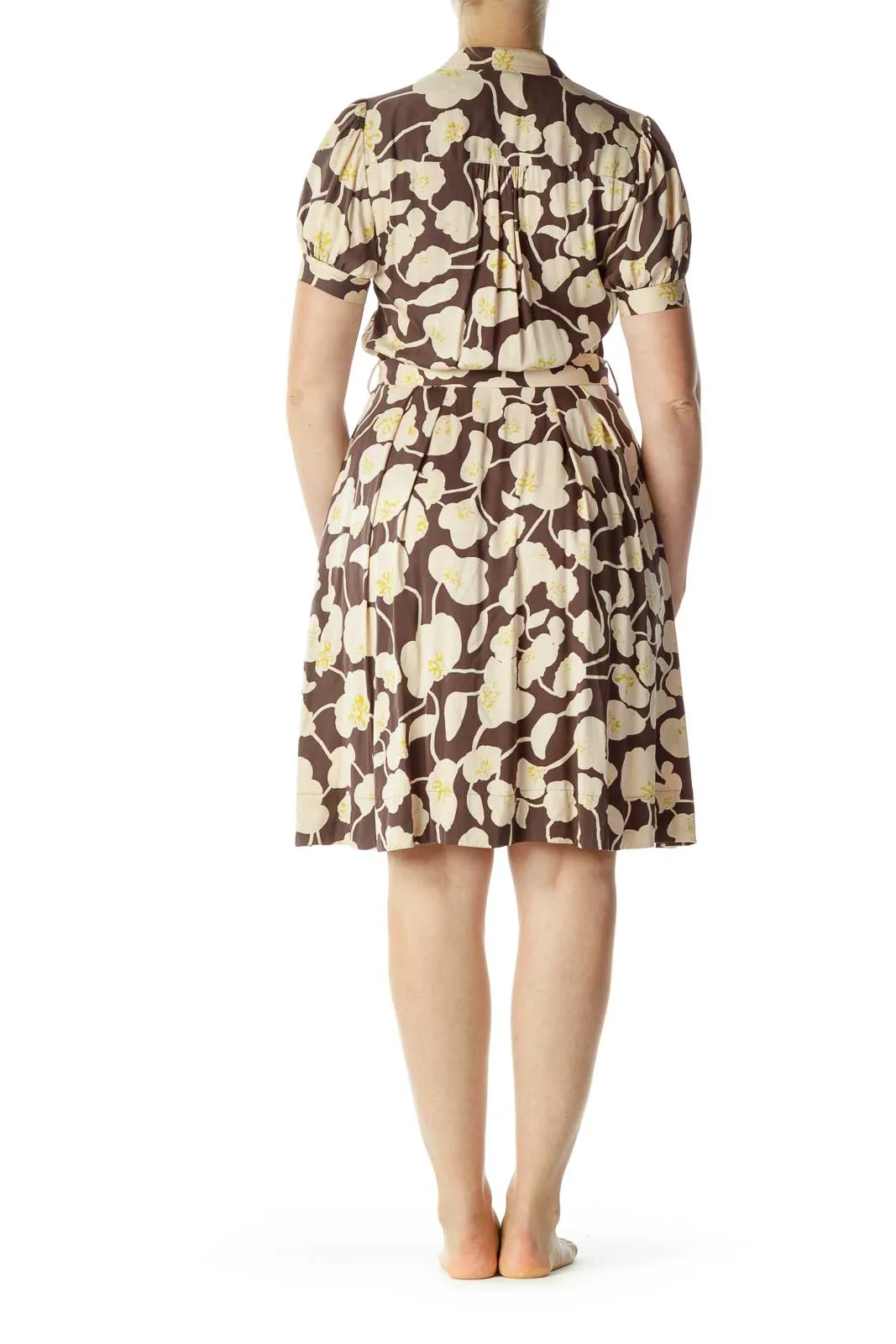 Brown Beige Flower Print Belted Dress