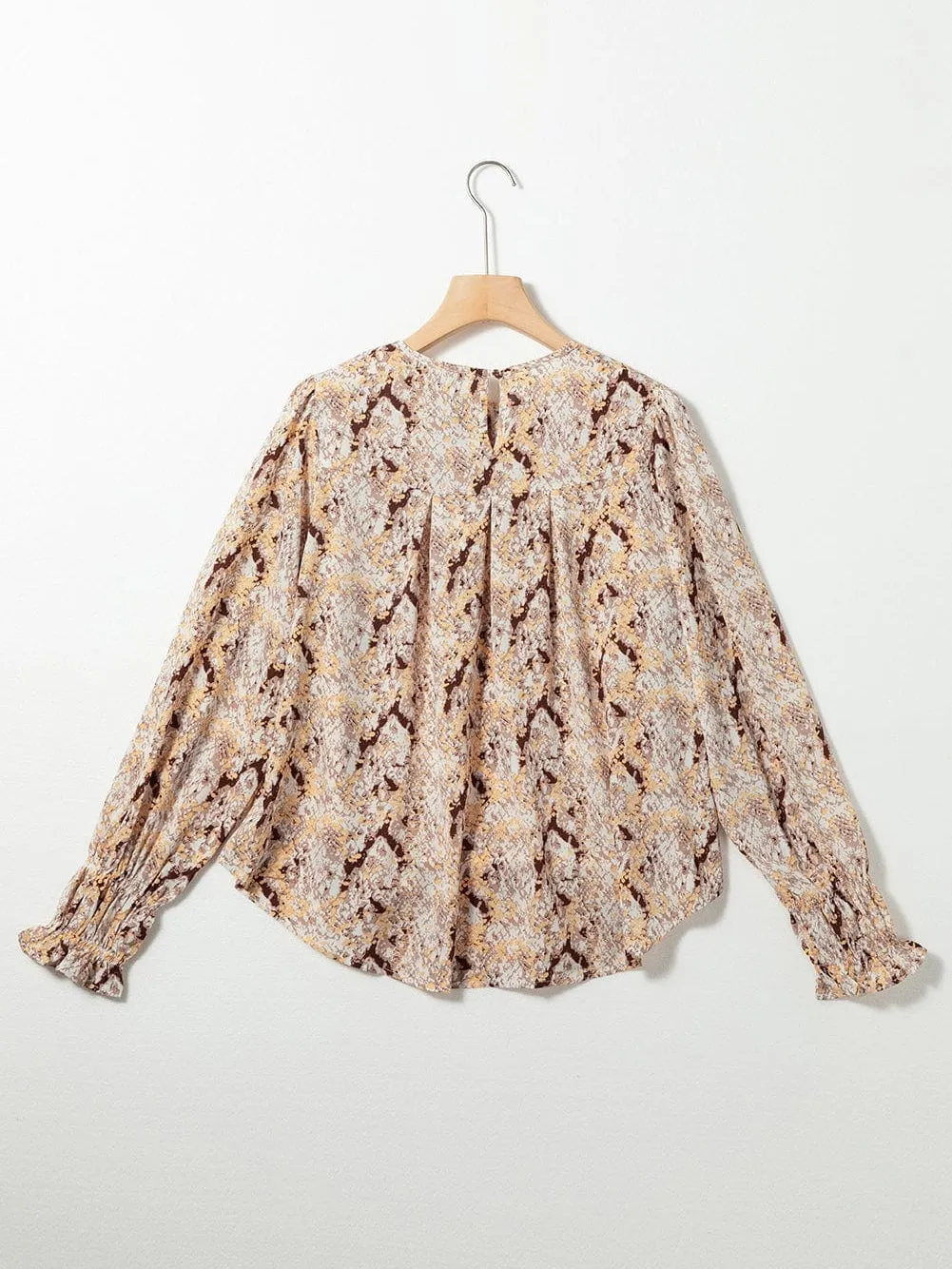 Brown Sparkling Serpent Texture Pleated Round Neck Blouse