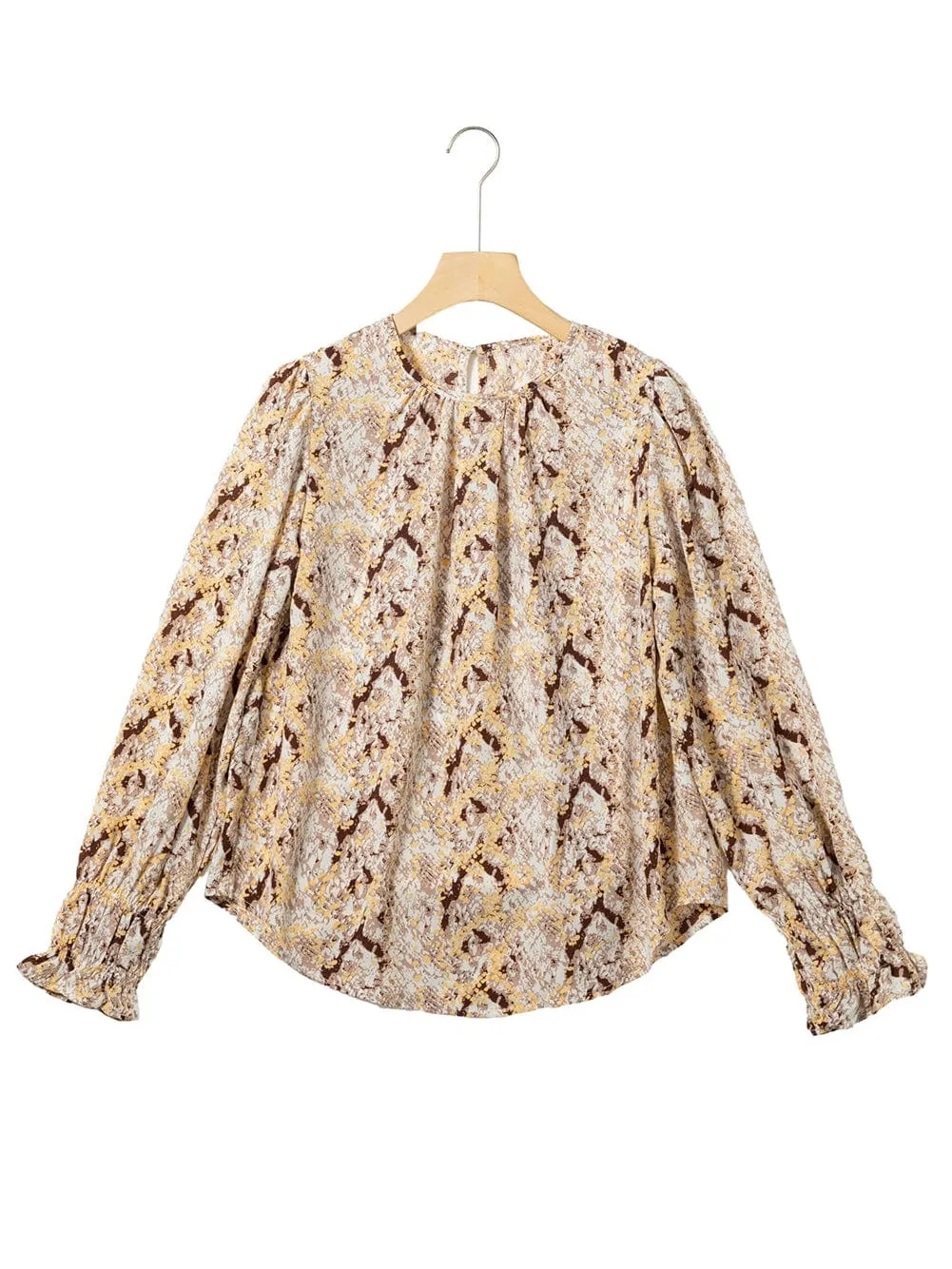 Brown Sparkling Serpent Texture Pleated Round Neck Blouse