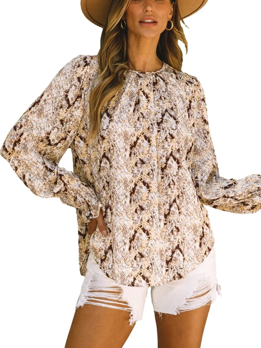 Brown Sparkling Serpent Texture Pleated Round Neck Blouse