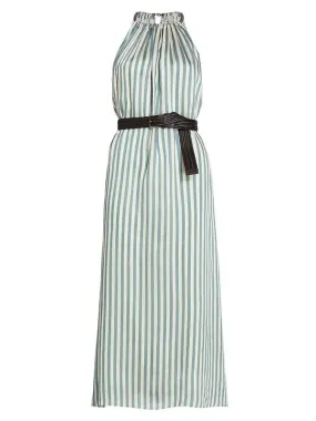 Brunello Cucinelli Women's Belted Striped Maxi Dress In Pavone Blue