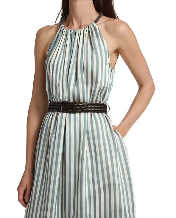 Brunello Cucinelli Women's Belted Striped Maxi Dress In Pavone Blue