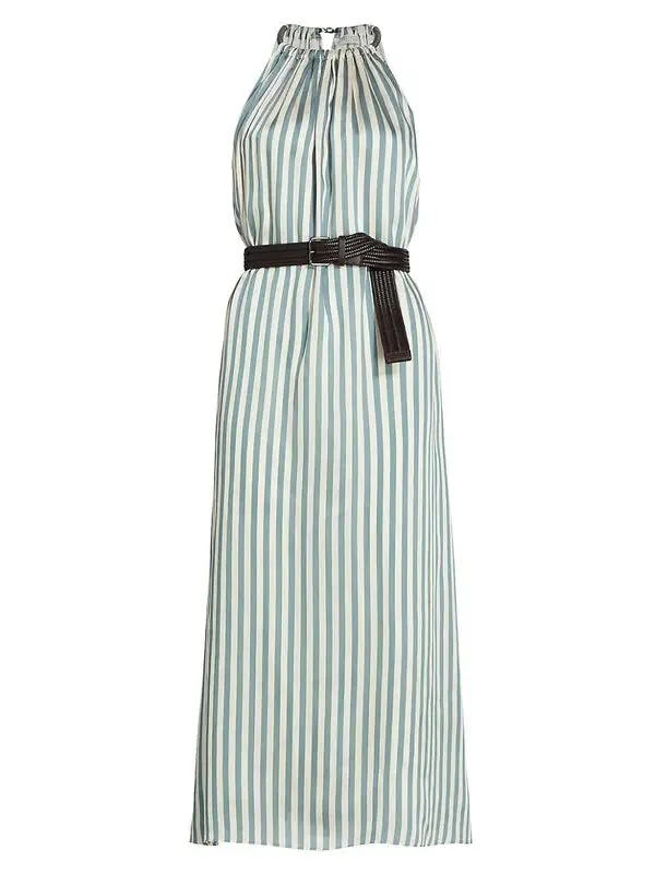 Brunello Cucinelli Women's Belted Striped Maxi Dress In Pavone Blue