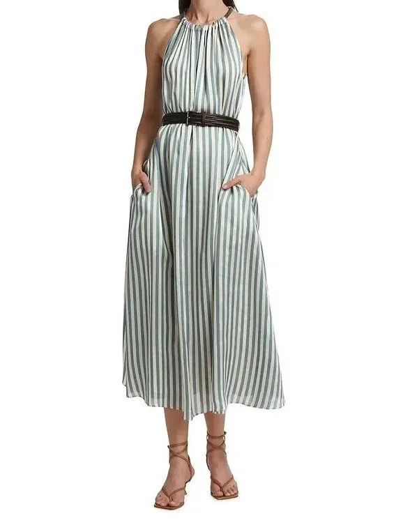 Brunello Cucinelli Women's Belted Striped Maxi Dress In Pavone Blue