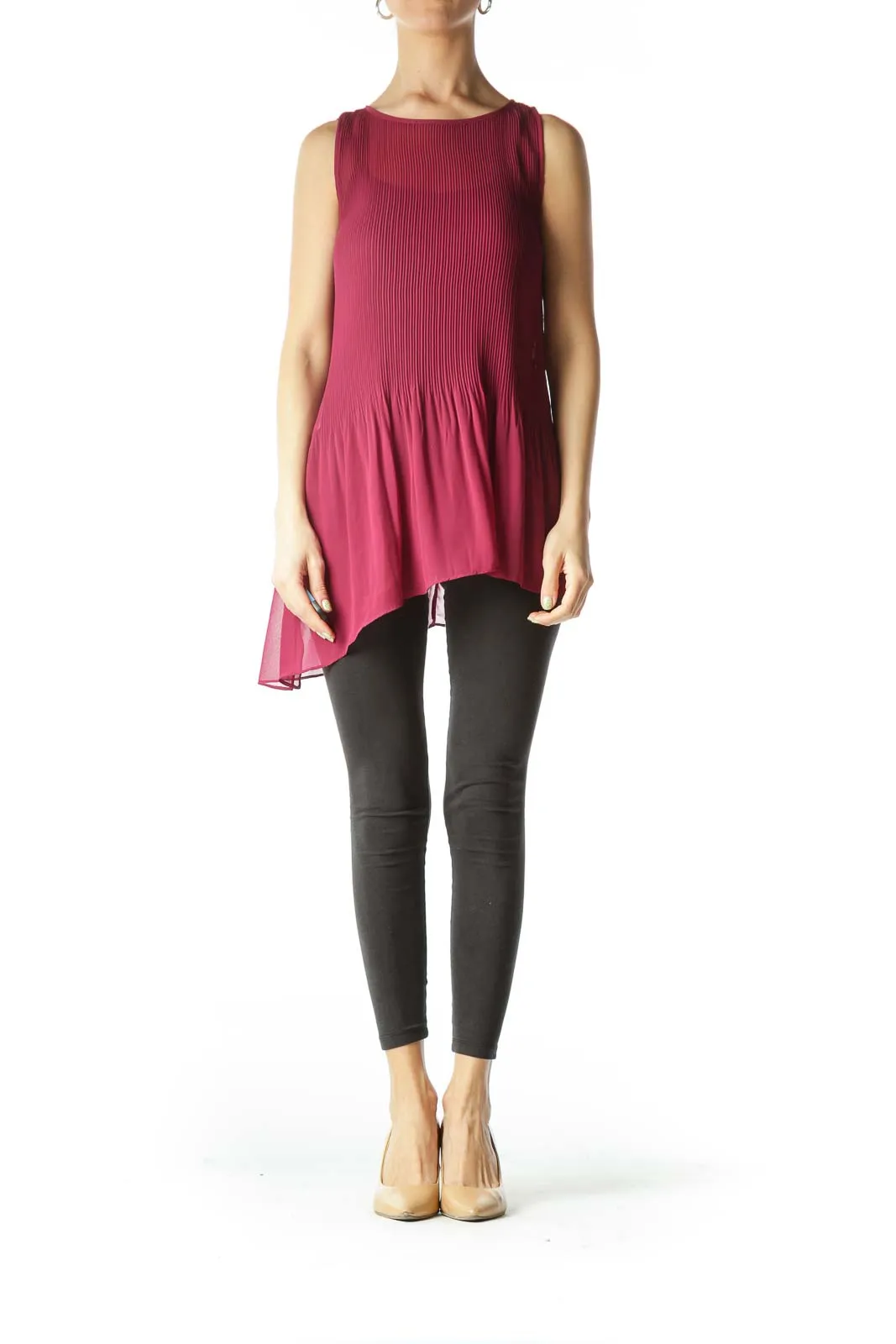 Burgundy See-Through Pleated Flared Top