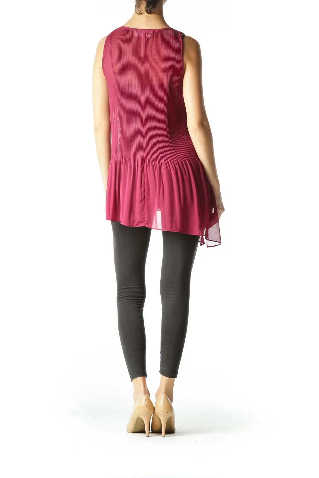 Burgundy See-Through Pleated Flared Top