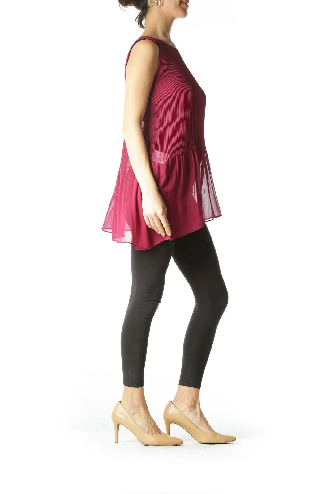 Burgundy See-Through Pleated Flared Top