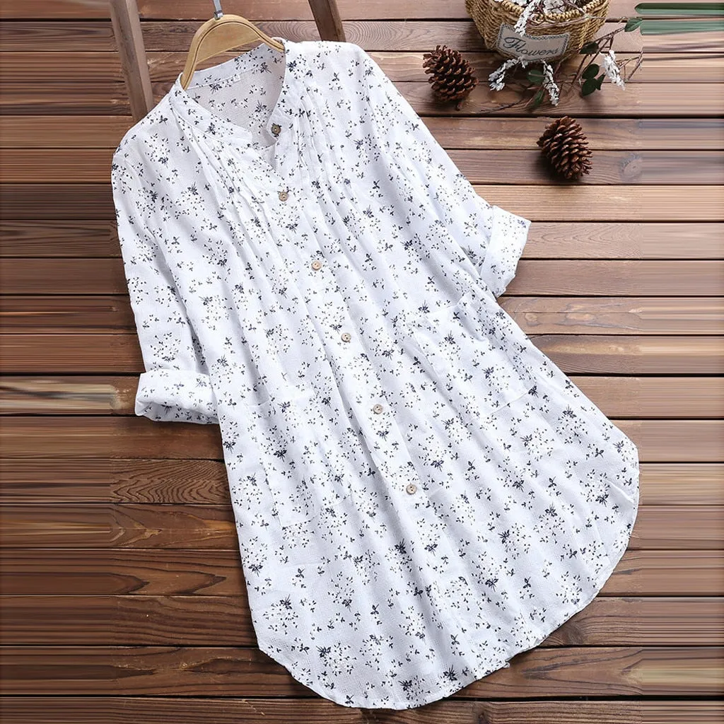 Casual Sweet Women's Long Sleeve V-neck Pleated Blouse With Floral Print