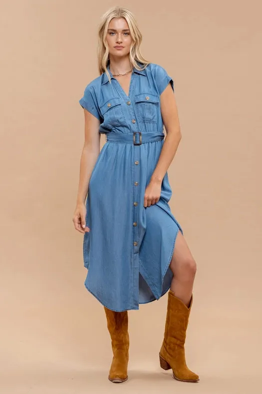 Chambray Collared Button Down Belted Midi Dress