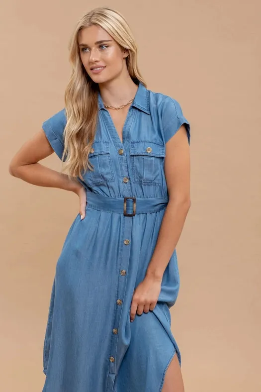 Chambray Collared Button Down Belted Midi Dress