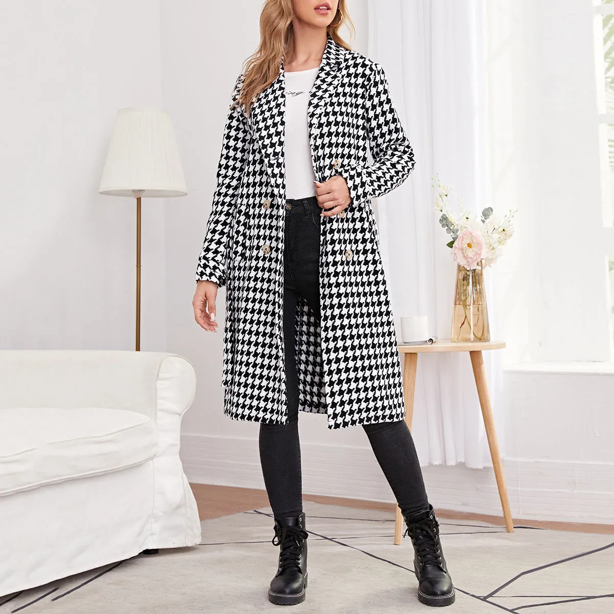 Collared Neck Long Sleeve Double-Breasted Tie Waist Houndstooth Coats