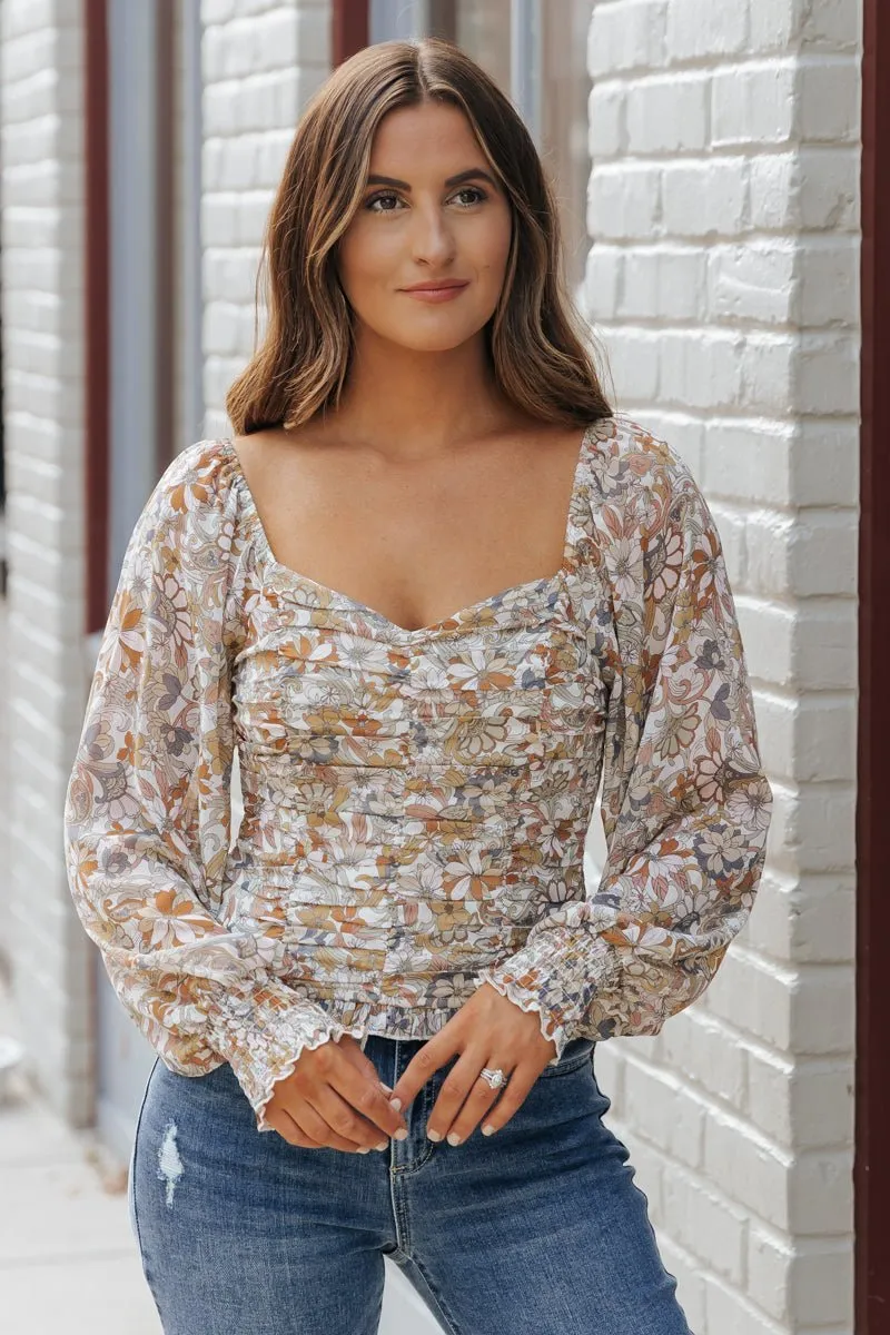 Cream Floral Print Sweetheart Top - FINAL SALE