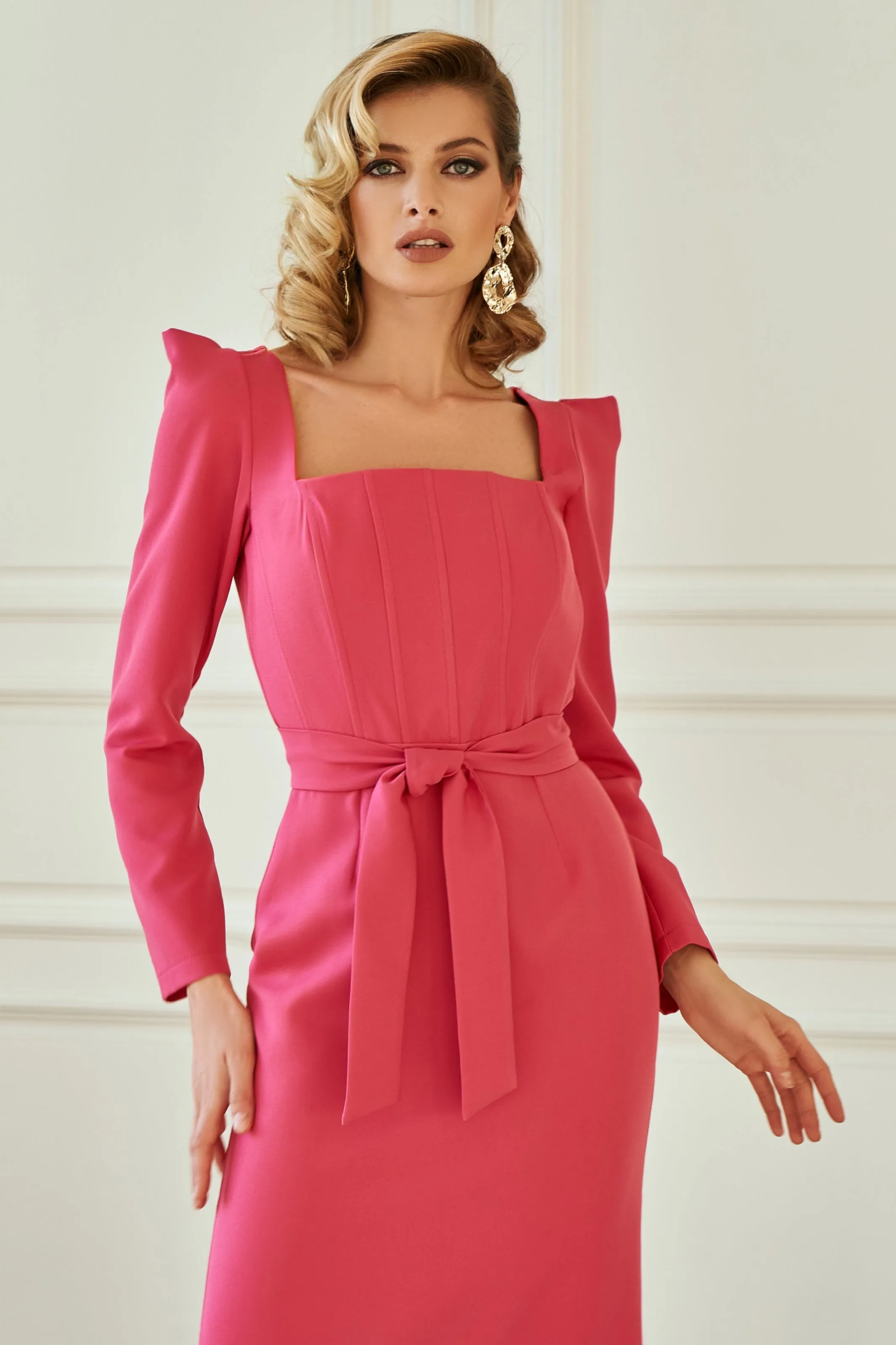 Crimson Square Neck Puff-Sleeve Midi Dress