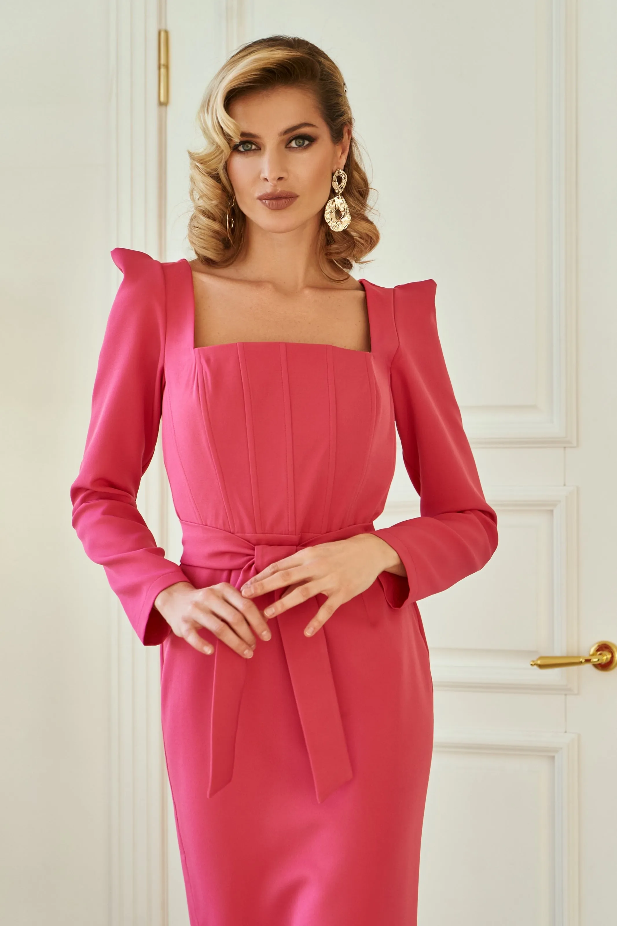 Crimson Square Neck Puff-Sleeve Midi Dress