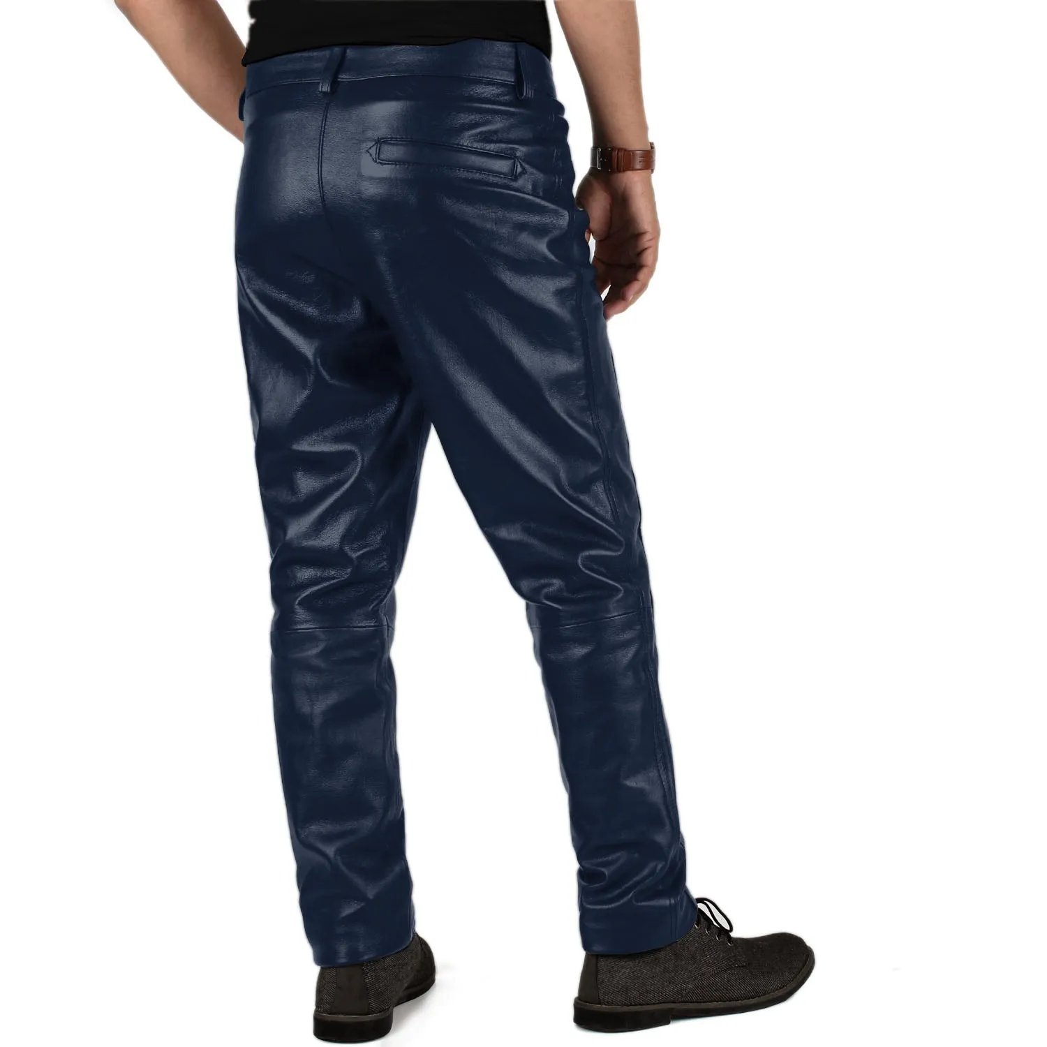 Crionis Men's Blue Slim Fit Leather Pants