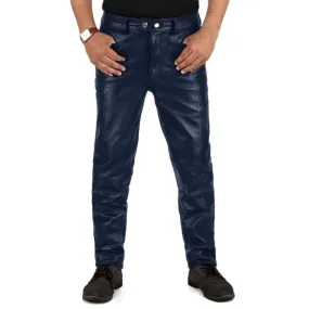 Crionis Men's Blue Slim Fit Leather Pants