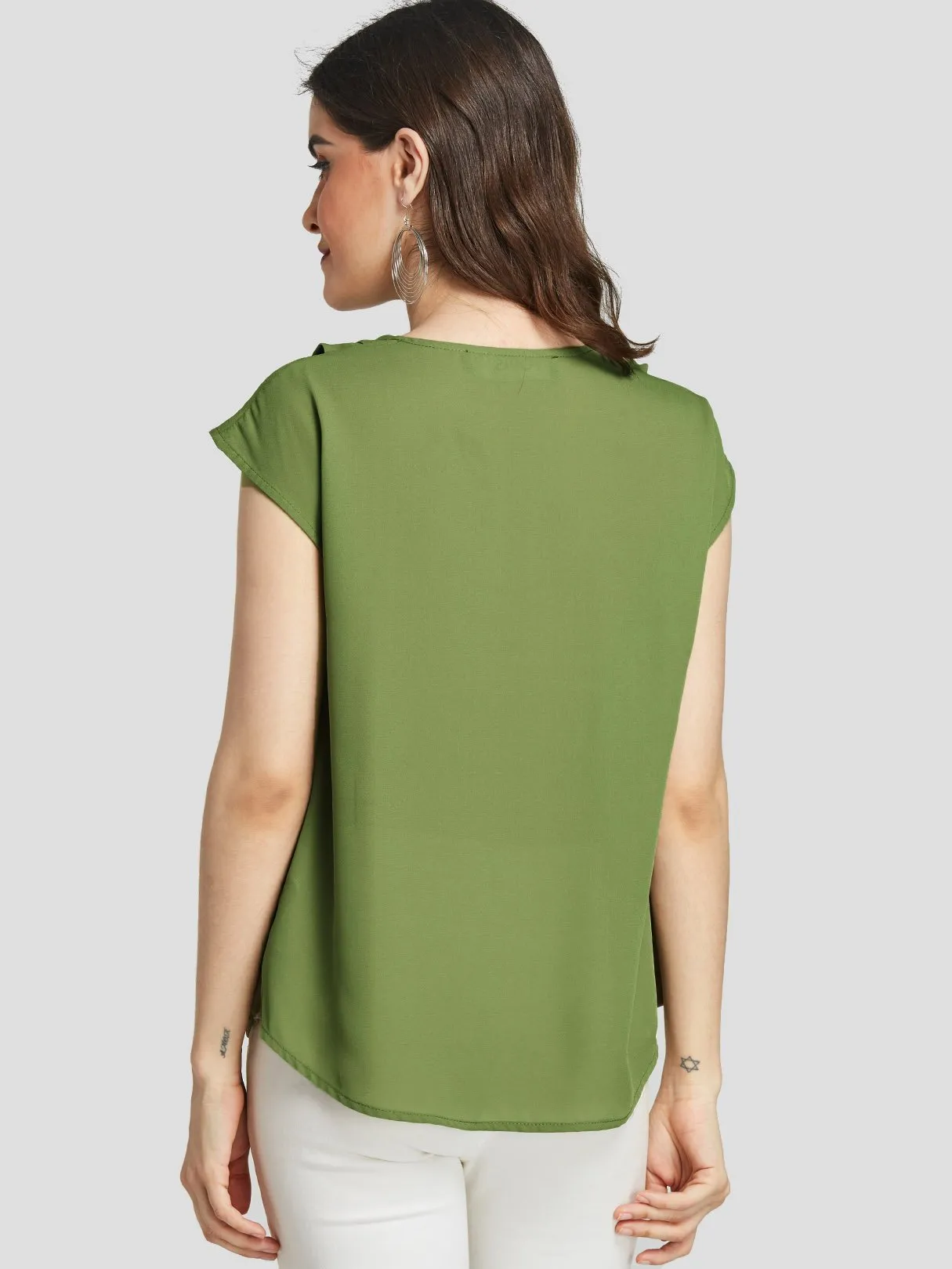 Custom V-Neck Plain Pleated Short Sleeve Green Blouses