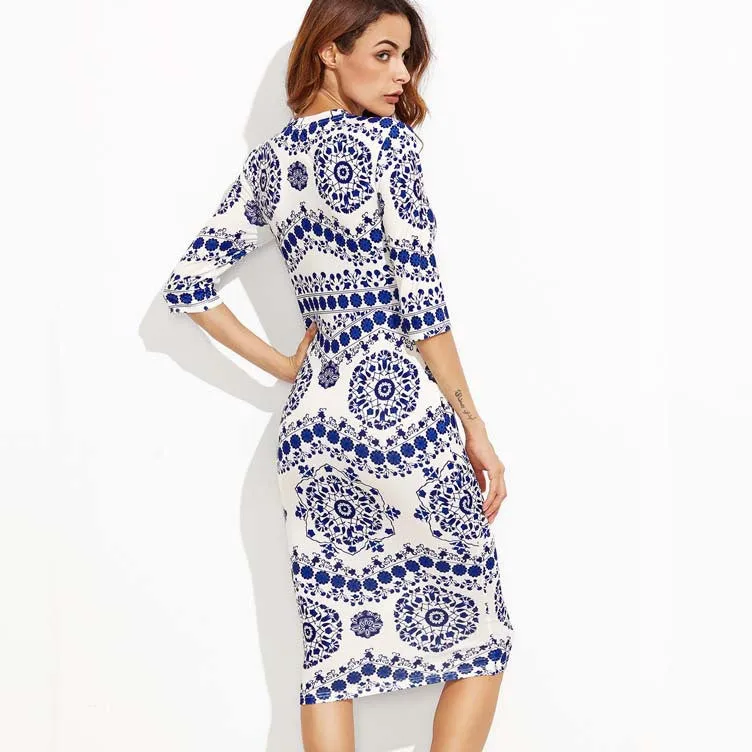 Digital Printing Blue And White Porcelain Slim Dress