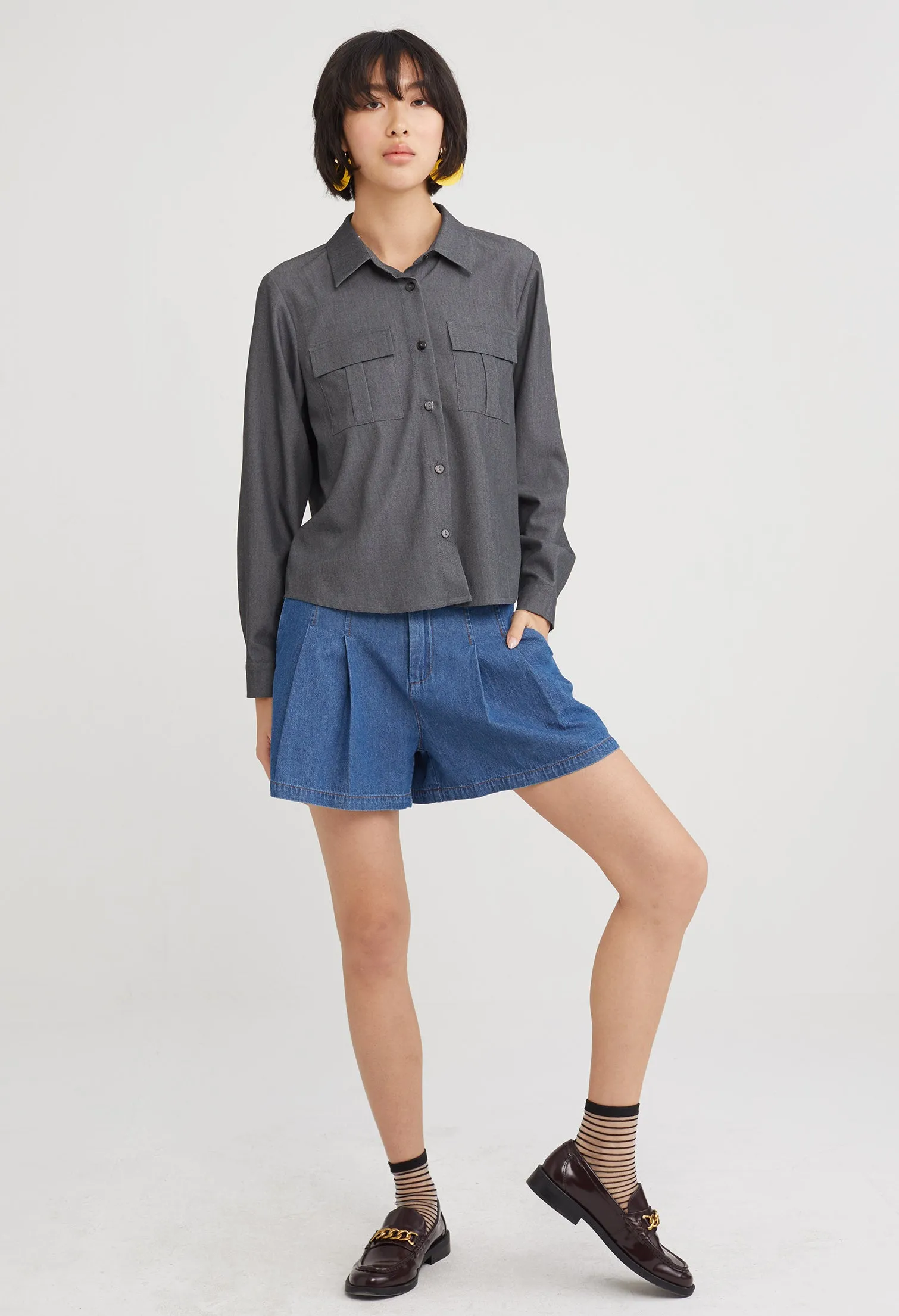 Double Pocket Button Up Blouse