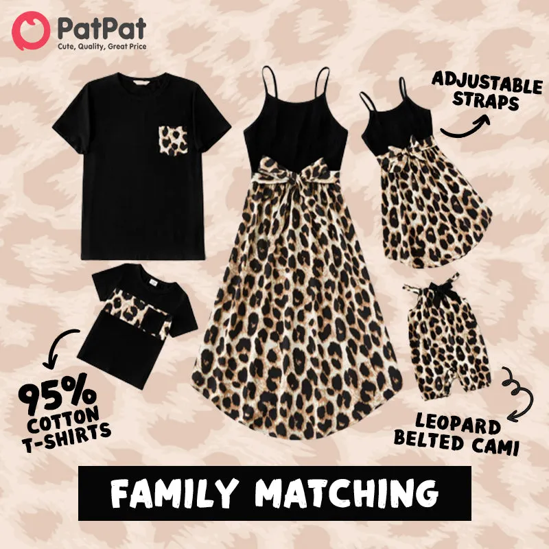 Family Matching 95% Cotton Short-sleeve T-shirts and Rib Knit Spliced Leopard Belted Cami Dresses Sets