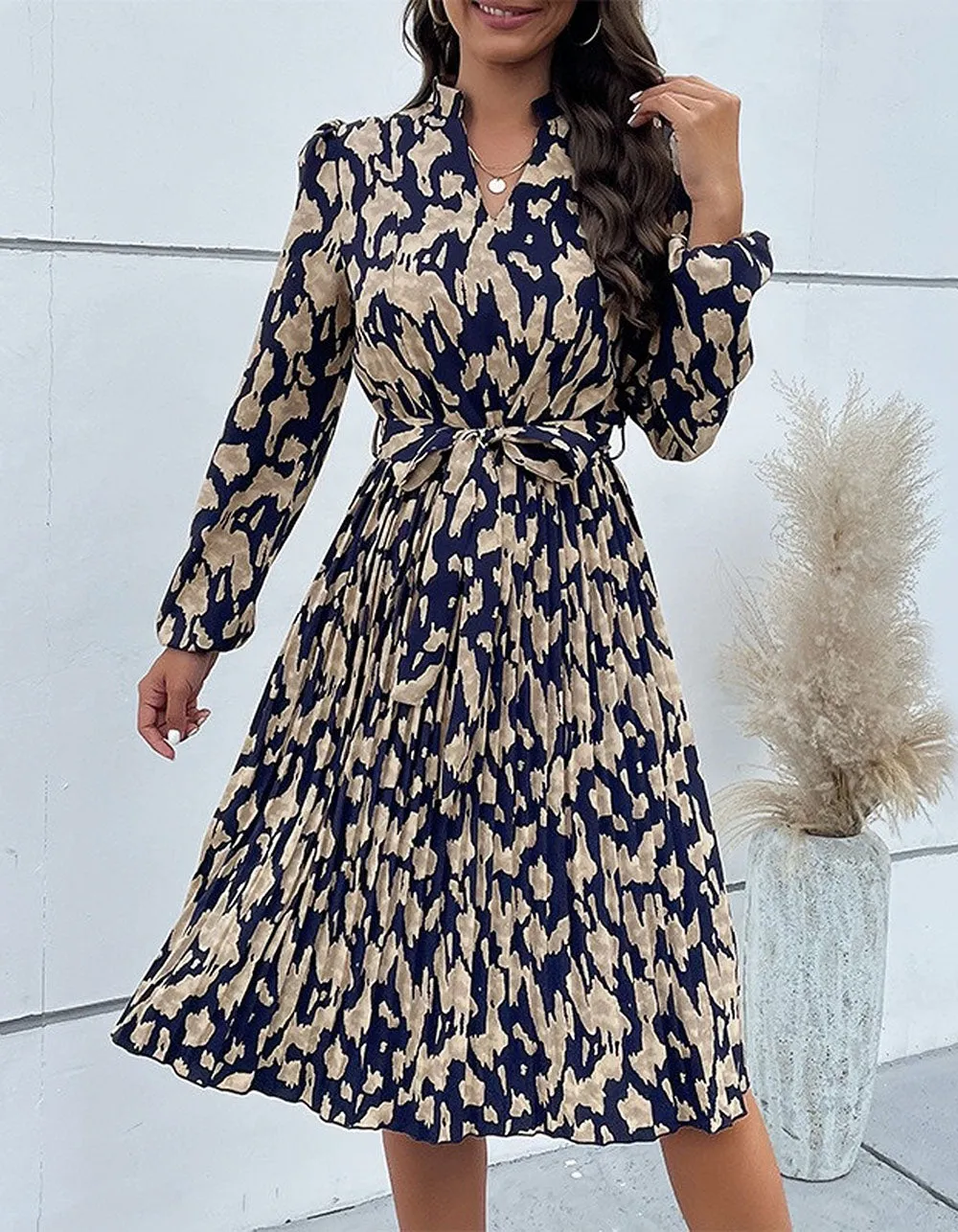 Floral Printed V Neck Belted Midi A-Line Dresses