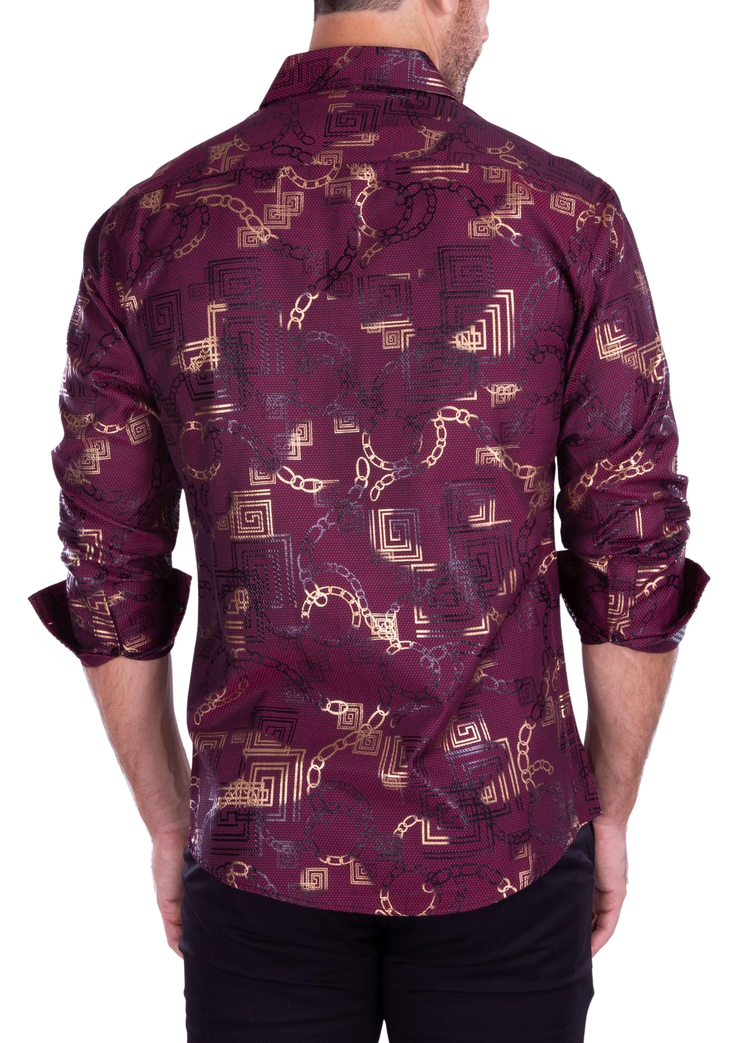 Greek Key & Chain Metallic Print Long Sleeve Dress Shirt Burgundy