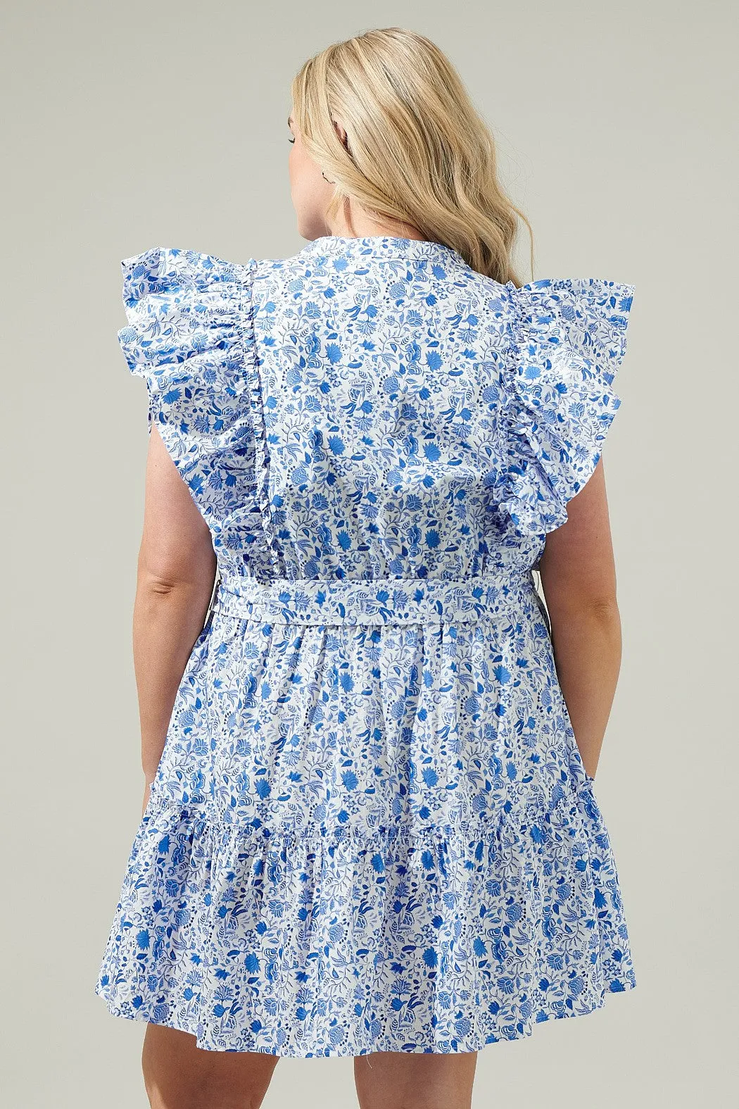 Hailey Floral Belted Mini Dress, Blue/White | Plus Size